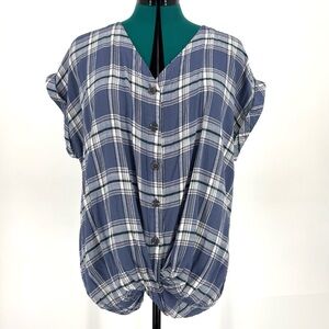 My STYLE Blue Plaid Kimono Cap Sleeved Twisted Hem Button Down Top, Large